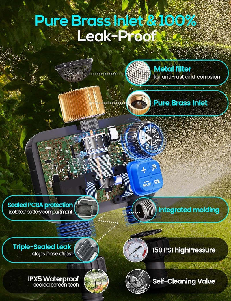MetryGrow Sprinkler Timer, Programmable Irrigation Water Timer with 2 Brass Inlet for Garden Hose, Automatic Watering System for Yard Lawn, Rain Delay - Image 4